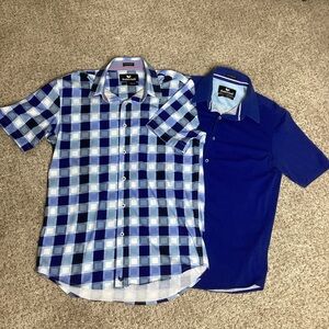 Men's Blue Checkered and Solid Blue Casual Button Down Shirts